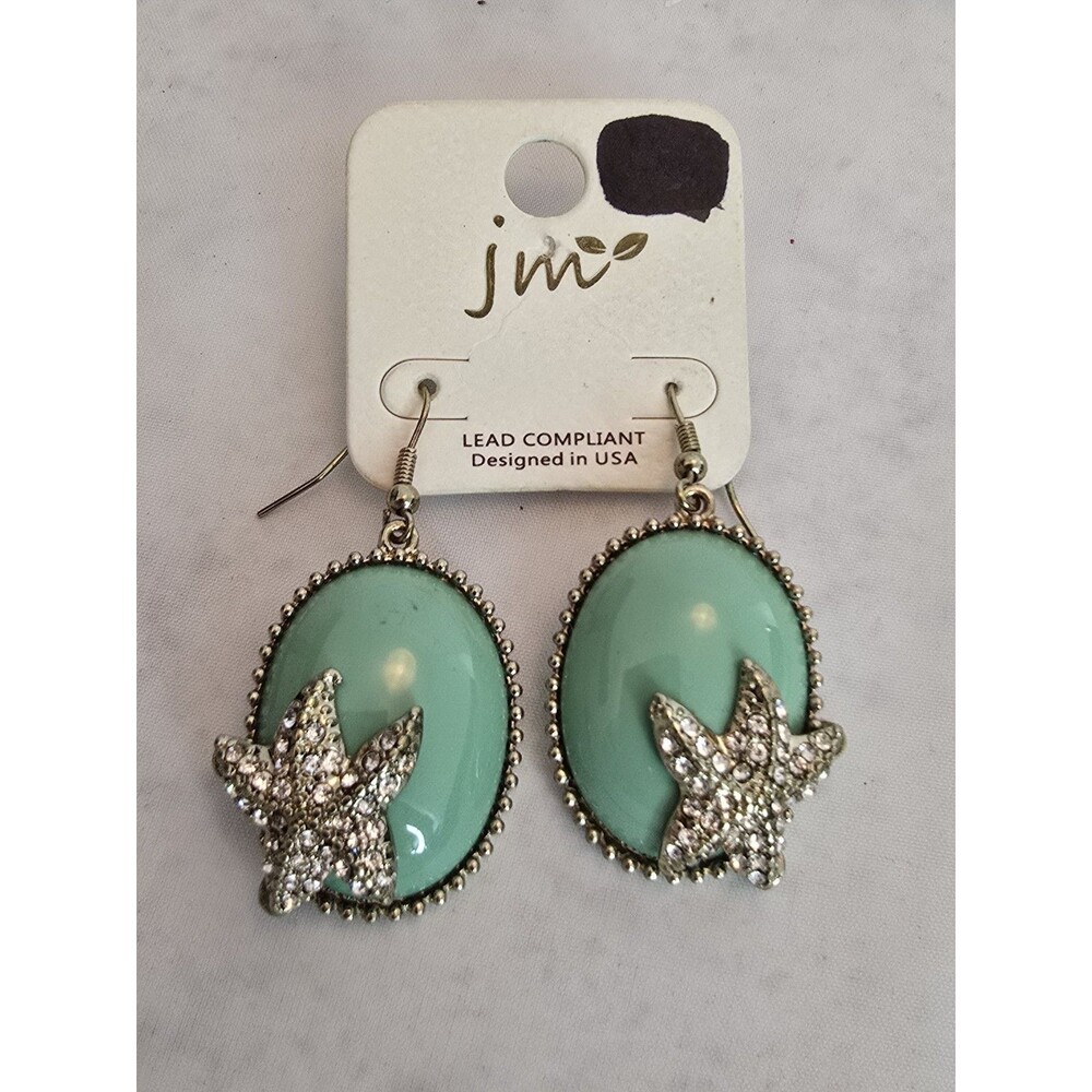 New Mint Green Oval Starfish Rhinestone Dangle Earrings Gold Tone Coastal Beach